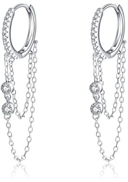 Reffeer Massive 925 Sterling Silber Kette Tropfen Ohrringe Creolen für Frauen CZ Creolen Kette Ohrringe Baumeln (A-Silver)