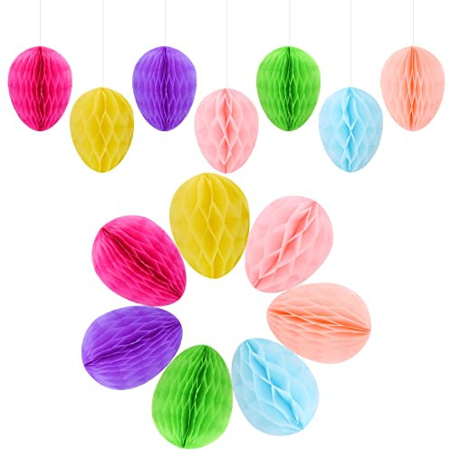 14 Stück Ostereier zum Aufhängen Papier Waben Bälle Osterdekoration Hängende Eier mit Bändern Bunte Ei Anhänger Ornamente für Home Office Schule Kindergarten Ostern Party Festival