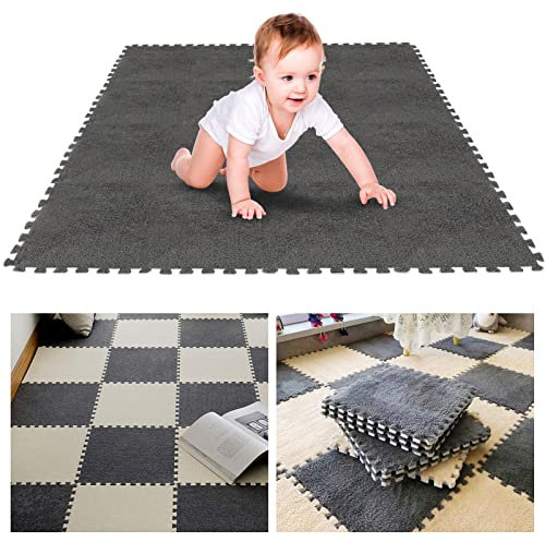12 Stück Schaumstoff-Spielmatten, 30x30x1 cm, Puzzle-Spielmatten, Boden für Kinder, weiches Plüsch, ineinandergreifendes Schaumstoff-Matten-Set mit Kanten für Bodenschutz, Kinder, Spielmatten (grau)