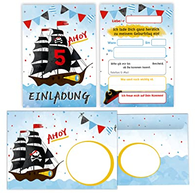 Junapack 12 Einladungskarten incl. 12 Umschläge zum 5. Kindergeburtstag fünfte Geburtstag Jungen Mädchen Pirat Piraten-Party