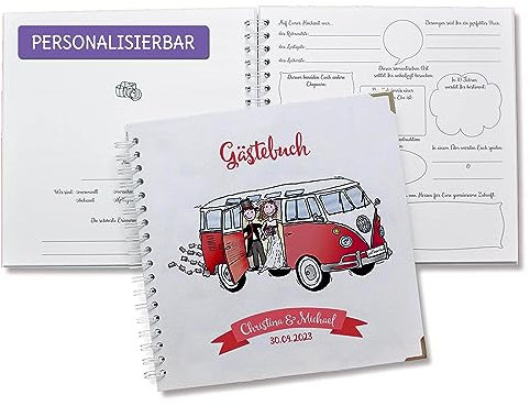 FEENSTAUB Gästebuch Hochzeit mit Fragen zum Ausfüllen, Hochzeitsgästebuch personalisiert, Hochzeit Gästealbum, Bulli, personalisiertes Hochzeitsbuch Vorgedruckte Seiten für Gäste, Gästebuch Fragen