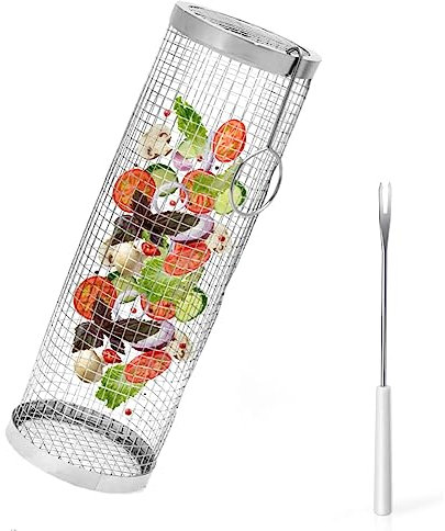 Zylindrischer Grillkorb, Edelstahl Grillkorb, Rolling Grillkorb, BBQ Grill Rack für Gemüse mit Gabel, für Camping und Terrassengrills Freien für Gemüse,Pommes Frites,Fleisch
