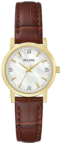 Bulova Ladies' Classic Diamond Gold Stainless Steel 3-Hand Quartz Watch, Brown Leather Strap, 27mm Style: 97P170