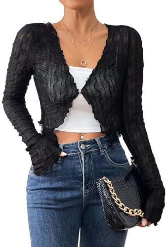 GORGLITTER Women's Mesh Open Front Crop Top Long Sleeve V Neck Frill Trim T Shirt Sheer Light Weight Cardigan Black S