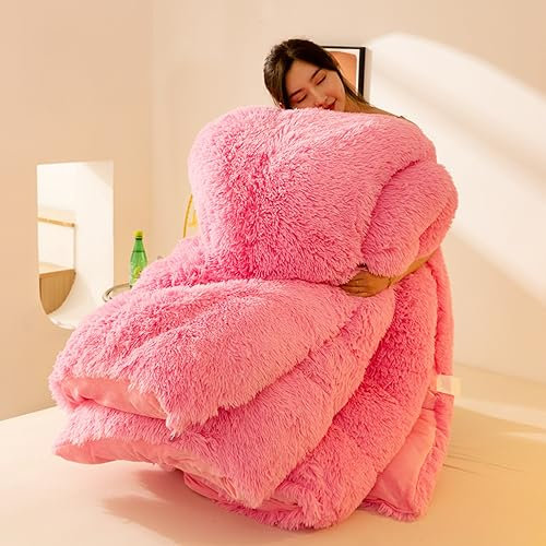 Cutfouwe Dicker Warmer Plüsch Winterdecke Steppdecke 200x230cm 4kg, Flauschige Kaschmir Steppdecken Duvet, Verdicken Sie Lamm Kaschmir Decke Winter Weiche Warme Bettdecke Bettwäsche,Rosa