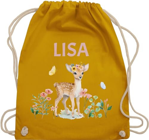 Turnbeutel Rucksack - Reh mit Name personalisiert I Rehkitz I Rehe - Unisize - Senfgelb - kindergartenrucksack tier blumen beutel kinder+stoffbeutel+kindergarten tiere stoffbeutel