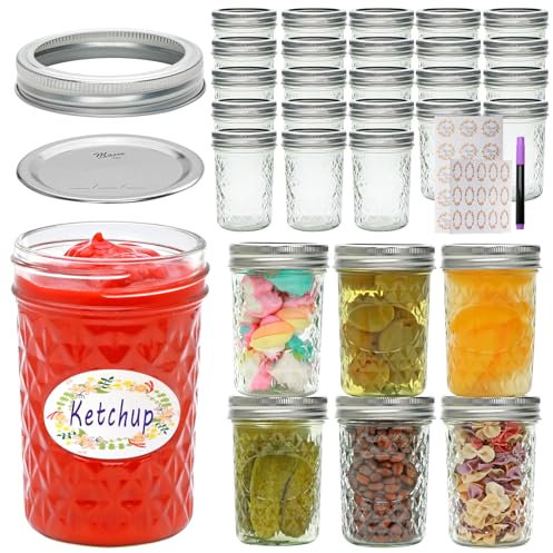 COMUDOT Mason Jars 8 oz with Airtight Lids, 30Pack Glass Regular Mouth Canning Jars, Small Quilted Crystal Jars for Storing Honey,Jelly, Overnight Oats,Jam