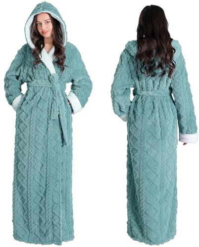 Oksun Womens Long Dressing Gown Robe Full Length Ladies Fluffy Plus Size Fleece Hooded Winter Warm Bathrobe (Green, XL)