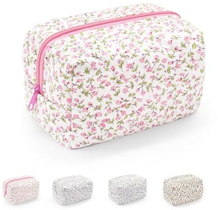 Small Makeup Bag, Cotton Portable Toiletry Bag, Quilted Floral Cosmetic Bag Wash Organizer Pouch for Women Girls Ladies (Pink)