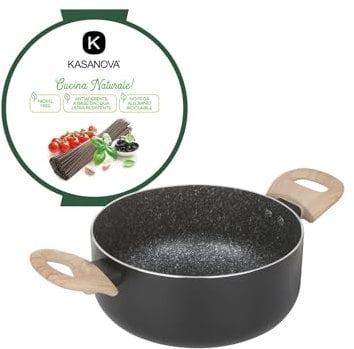 KASANOVA, Casserole Antiadhésive Black Stone de Kasanova — Antiadhésive, Légère, Compatible Induction, Design Élégant avec Poignées Effet Bois (20 cm)