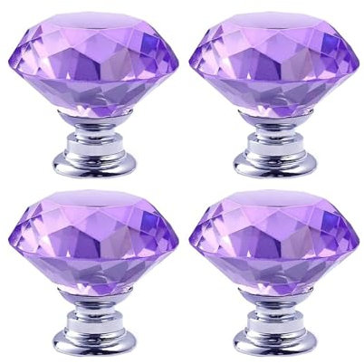 4 Pack Crystal Cabinet Knobs Furniture Door Handles, Cupboard Wardrobe Furniture Drawers Cabinet Pull for Kitchen Office Chest Cabinet Drawer (Purple)