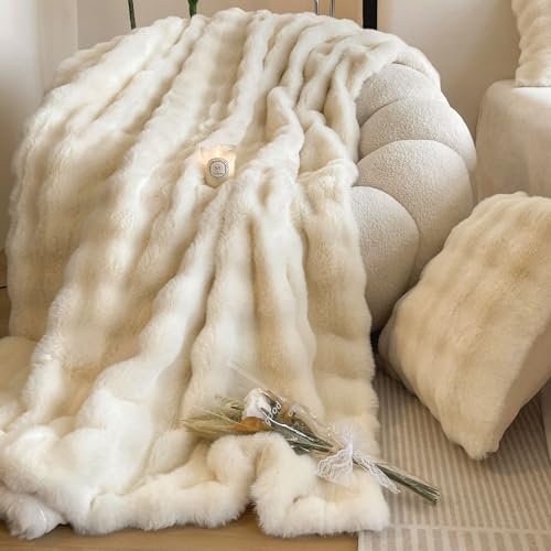 Kuscheldecke Kaninchen Plüsch Decke Kunstfell Warme Überwurfdecke Sofadecke Vielseitig Blanket für Couch Bett Sofa (Weiß, 160 * 200cm)