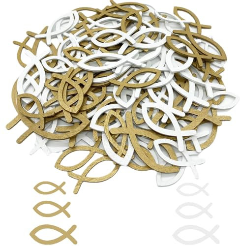 Holz Fisch Deko, Streudeko Tischdeko für Taufe Kommunion Konfirmation 100Stk, Streudeko Taufdeko Konfetti für Junge Mädchen, Gold Weiß