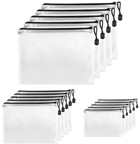 Fousenuk 15 Pcs Dokumententasche mit Reißverschluss A4A5A6, Wasserdichte Document Case, Mesh Plastic Zip Bag, Reißverschlusstasche, Zipper Pockets für Datei,Papier, Quittungen, Kosmetika, Schwarz