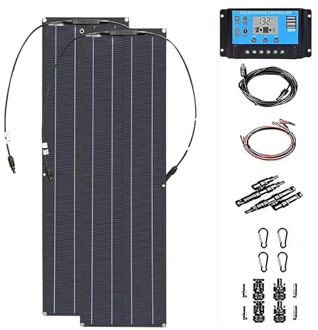 Heumbio Kit De Panneau Solaire 400W, 12V 24V avec ContrôLeur De Charge Solaire 40 A Et CâBle D'Extension, avec Clips De Batterie pour Bateau, Moto, Maison, éClairage ExtéRieur, Camping-Car,Black