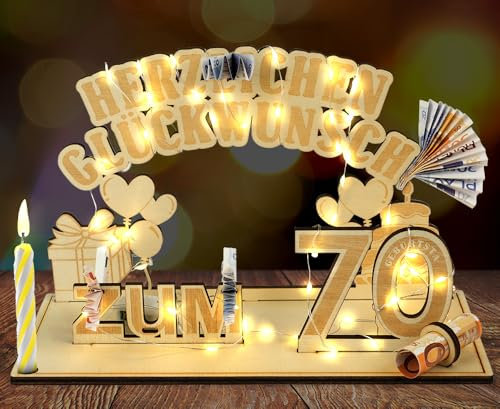 HOTUT Holz Schild Gästebuch, 70 Geburtstag Geschenk Frauen & Männer, Geldgeschenke Geburtstag 70 mit LED Lichterkette Ständer, 70 Geburtstag Jubiläum, Geburtstag Deko, Personalisierbares Geschenk