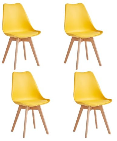 JZGORC Lot de 4 Chaises de Salle à Manger Modernes, Chaises de Cuisine avec Pieds Rembourrés et en Hêtre pour Chambre, Salon, Salle à Manger, Cuisine - Jaune