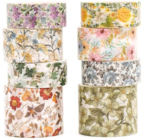 Songdao 8 Rollen Retro Washi Tape Set Dekorative Antik Masking Tapes Klebeband Bunt für Kunst, DIY Handwerk, Tagebuch, Planer, Scrapbook, Verpackung (Flowers & Plants)