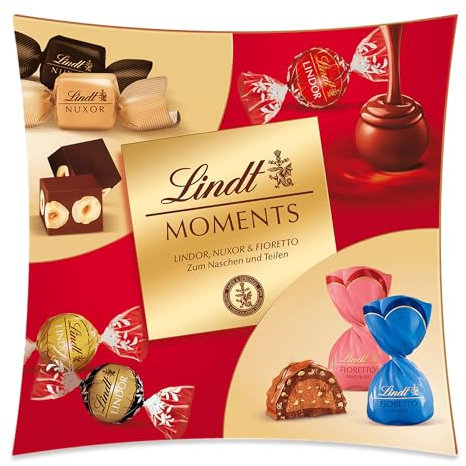 Lindt Schokolade Moments Sharing | 223g | Raffinierte Mischung aus feinsten LINDOR Kugeln, knackig-nussiger NUXOR Gianduja-Schokolade und knusprigen FIORETTO Pralinés | Schokoladen-Geschenk
