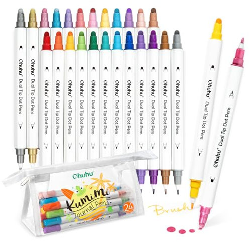 Ohuhu Journal Pens 24 Colours, Dual Tips (Calligraphy Brush & Dot) Dot Marker Pens Water-based Including Metallic, Pastel, Primary Colours for Journal Scrapbooking DIY Highlight Colouring- Kumimi