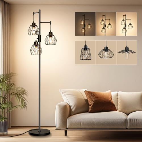 HANDSONIC LED Stehlampe, Stehlampe Wohnzimmer Dimmbar Schwarz, Industrielle Stehlampe mit 3 hängenden verstellbaren Käfiglampenschirmen, 172cm Bauernhaus Rustikale Stehlampe, 3 X 9W E26 Bulbs Included
