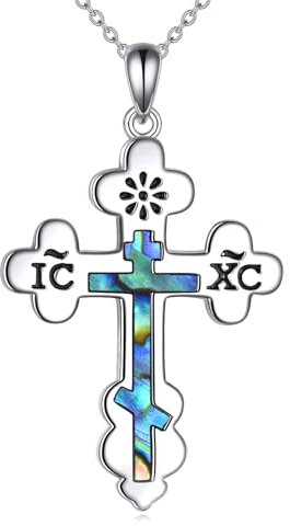 POPLYKE Orthodoxe Kreuz Halskette Sterling Silber Abalone Shell Retro Stlichen Orthodoxen Anhänger Halskette Religiösen Christlichen Schmuck für Männer Frauen