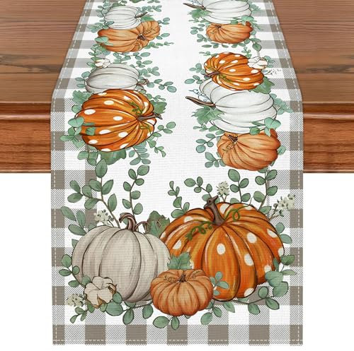 Tischläufer Herbst, Kaluofan 2025 Tischläufer 40x180CM, Tischdecke Herbst, Tischdeko Herbst, Herbstdeko Kürbis Home Decor, Gitter-Muster um Verschiedene Kürbisse für Tischdekoration (Small Pumpkin)