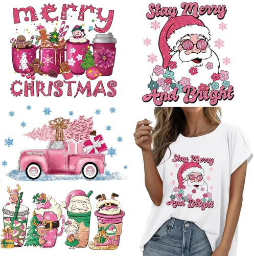 4 Sheets Christmas Iron on Transfers Stickers, Pink Santa Claus Heat Transfer Design Sticker Iron on Vinyl Patches, Xmas HTV Vinyl Iron on Decals for Clothes T-Shirt Hoodie Pillow DIY Craft Supplies