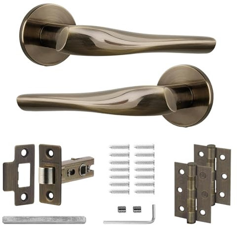 Decoranddecor Antique Brass Door Handles - Aluminium & Brass Sets for Wooden Interior Doors | Fire Rated Tubular Latch & Hinge | Nanda Range