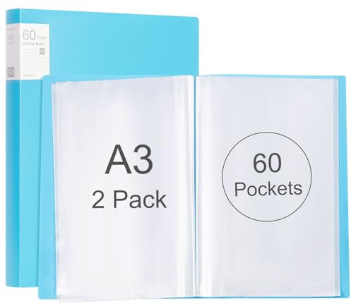 Srvnpioy 2 Pièces Porte-Vues A3 60 Pochettes 120 vues, Livre D'affichage A3, Présentation Affichage du Livre A3 Protège-Documents, en Polypropylène,Bleu