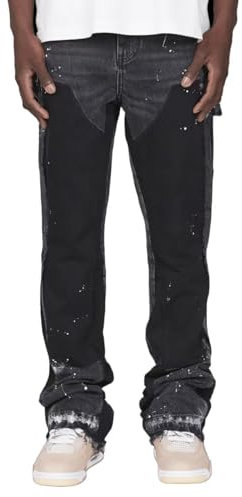 MILANG Baggy Jeans da Uomo, Pantaloni in Denim con Patchwork e Schizzi d’Inchiostro, Streetwear Larghi Y2K Flared Jeans Stile Hip Hop