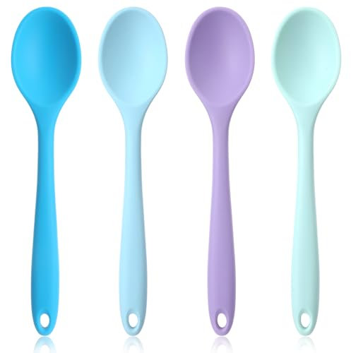 Lot de 4 cuillères en silicone colorées - Cuillères de cuisine antiadhésives - Petites cuillères à mélanger - Cuillères de service - Pour mélanger et mélanger - Bleu, violet, cyan et vert