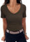 Aottori Camiseta Basica Mujer Verano Manga Cortas Camisetas Elegante de Punto Blusas Cuello en V Elástico Ligero Sólido Casual Túnica Top Marrón M