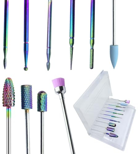 QQdou Nail Drill Bits Sets, 10 pcs Electric Nail Drill Bits Kit, 3/32 Inches Tungsten Carbide Less Dust Diamond Metal Nail Bits, for Acrylic Gel Nails, Nail Manicure Pedicure, Salon Home(B)