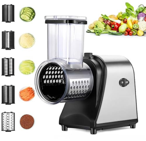 Profi Gemüsehobel Elektrisch 250W, 5-in-1 Edelstahl Gemüseschneider Küchenreibe mit 5 Klingen und Großer Einfüllschlitz für Obst, Gemüse, Käse und täglichen Gebrauch