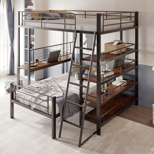 Hochbett mit Stauraum und flexiblem Aufbau, Metallrahmen mit Ablageflächen, multifunktionales Etagenbett für Schlafzimmer, modernes Design, teilbar in Zwei Einzelbetten