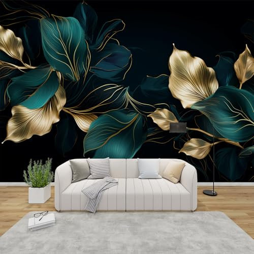 AevuCub Leaf Mural Wallpaper for Living Room Bedroom Decor - Emerald Green and Gold Wall Mural, Abstract Leaves Wall Art, Non-Woven Photo Wallpaper 3D Effect, 300x210 cm