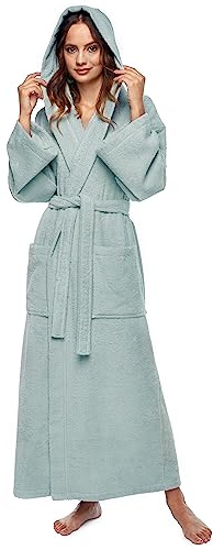 Arus Damen-Bademantel mit Kapuze, wadenlang, Baumwolle, XXL-3XL, Hellgrün