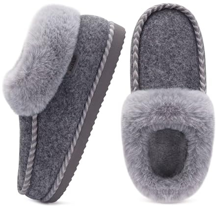 KuaiLu Hausschuhe Damen Kuschel Fussbett Fell Winter Pantoffeln Frauen Warme Flauschige Plüsch Gefütterte Geschlossen Hause Filzhausschuhe Filz Wolle Hüttenschuhe Rutschfest Feste Sohle grau 39