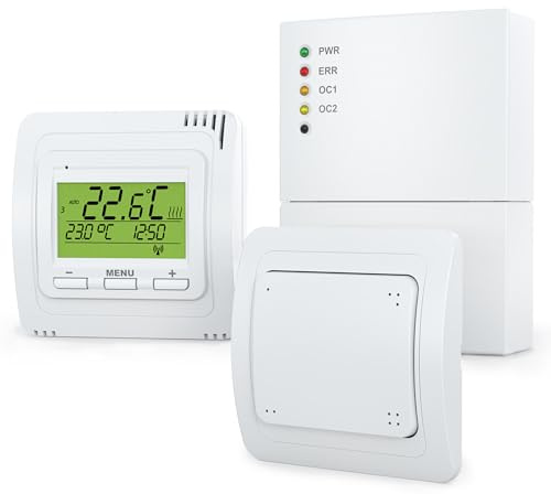 EB71332-2R Kit Thermostat d'ambiance sans Fil | Commande de Chauffage et de lumière avec récepteur, Thermostat et Bouton Radio | Économie d'énergie avec Programme hebdomadaire, Protection Contre Le