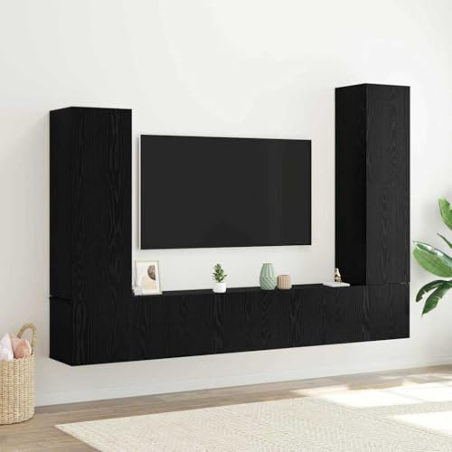 HETFTJN TV-Schrank Set 4-teilig Schwarze Eiche Massivholz-Optik 30,5x30x110 cm Wandboard Lowboard mit Türen und Regalen Modernes Wand-TV-Möbel platzsparend für Wohnzimmer & Schlafzimmer
