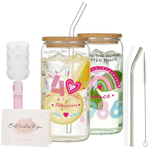 Chovbe 40th Birthday Gifts for Women,1986 Fabulous Glass Cups | with Lids and Straws, Iced Coffee Glass, Thoughtful Presents for Women Best Friend Sister Gift