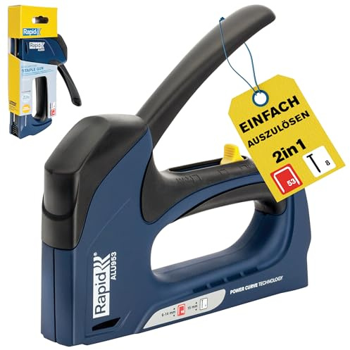 Rapid Handtacker ALU953 aus Aluminium für Typ 53 Klammern & Typ 8 Nägel | Für Holz & Stoffe; Typ 53 (6-14 mm); Typ 8 (15 mm); Aluminiumgehäuse; 3-Stufen-Schlagkraftregelung; 65% leichter auszulösen