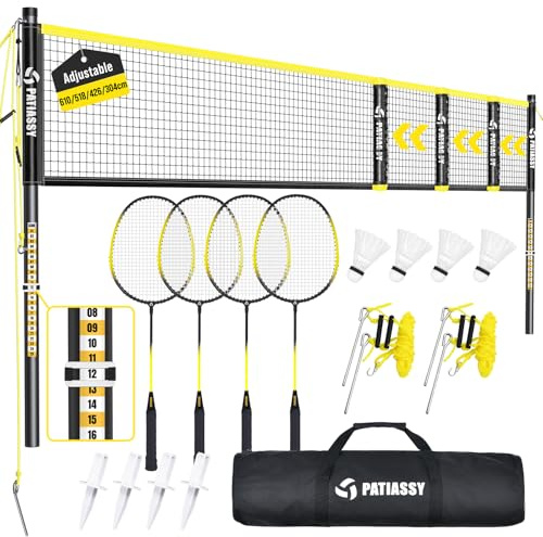 Tragbares Badmintonnetz, Federballnetz für Garten 4-Fach-Breitenverstellbar Sportnetz 6|5,1|4,2| 3 M mit 4 Badmintonschlägern 3 Federball Ständer und Tragetasche für Indoor & Outdoor Hinterhöfe Strand