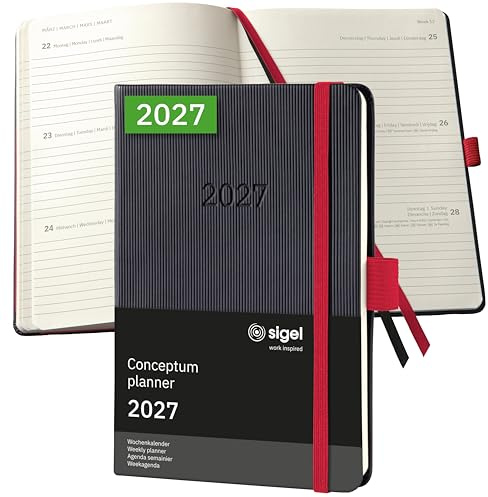 SIGEL Conceptum Wochenplaner 2027 A6 Hardcover schwarz rot | C2709, 176 Seiten Wochenkalender mit Gummiband, Stiftschlaufe und Archivtasche aus nachhaltigem Papier