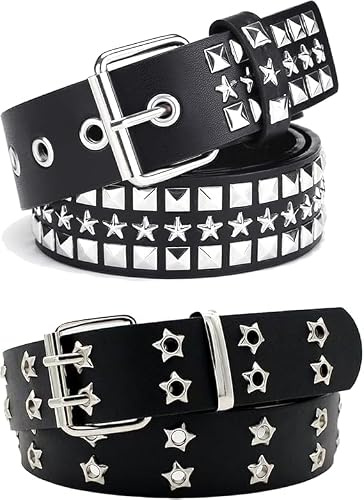 Buaak Y2K Gürtel mit Nieten, Punk-Gürtel, Gothic-Kleidung für Damen, Emo-Kleidung, Sternengürtel, Schwarz, 2 Stück