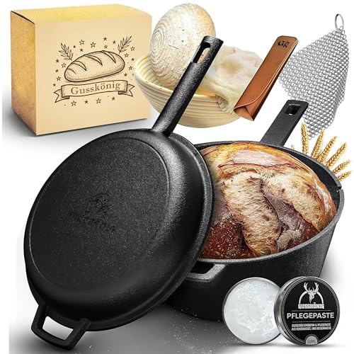 GUSSKÖNIG Gusseisen Topf Brot Backen mit Gärkörbchen – eingebrannte Brotbackform mit Deckel: 3L Topf & 1,5L Pfanne – Brottopf zum Backen–Brotbacktopf Set mit Rezeptbuch & Pflegepaste–30 Jahre Garantie
