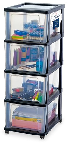 Iris Ohyama, Tour de rangement, 4 Grands Tiroirs, Noir, KMC-304 | Caisson de bureau et organisateur sur roulettes. Un meuble rangement parfait comme rangement pour espace de travail