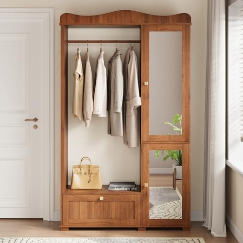 Moimhear Garderobenschrank mit Spiegel & Offener Kleiderständer, 115.5x38.5x194.5cm, Kompaktgarderobe, mit Schublade & 2 Türen, für Schlafzimmer & Flur (Nussbaum)