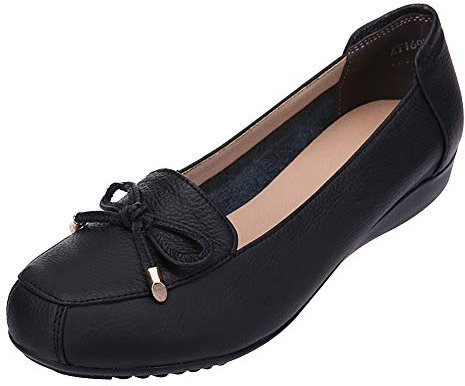 Jamron Damen Echtleder Bequemschuhe Weich Sohle Fliege Ballerinas Niedrige Keilabsatz Pumps Slippers Schwarz SN020628 EU38